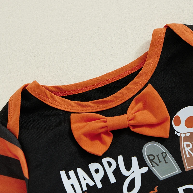 2-Piece Baby Boy Halloween Set Bow Tie Letter Pumpkin Ghost Long Sleeve Romper Long Pants Contrast Color Outfits