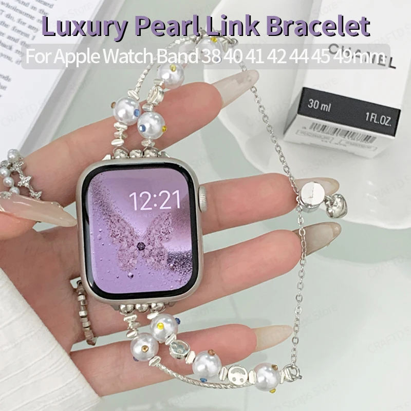 

Luxury Pearl Link Bracelet for Apple Watch Band 40mm 44mm 41mm 45mm 49mm 38 42 Women Bead Strap for Iwatch Series 7 8 9 SE 6 5 3