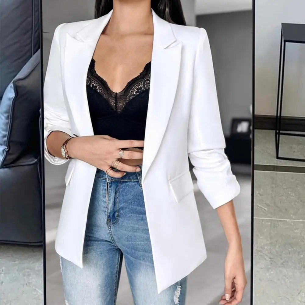 Colbert Elegant Revers Pak Jas Voor Dames Lange Mouwen Business Outwear Met Flap Zakken Effen Kleur Open Voorkant Voor Kantoor