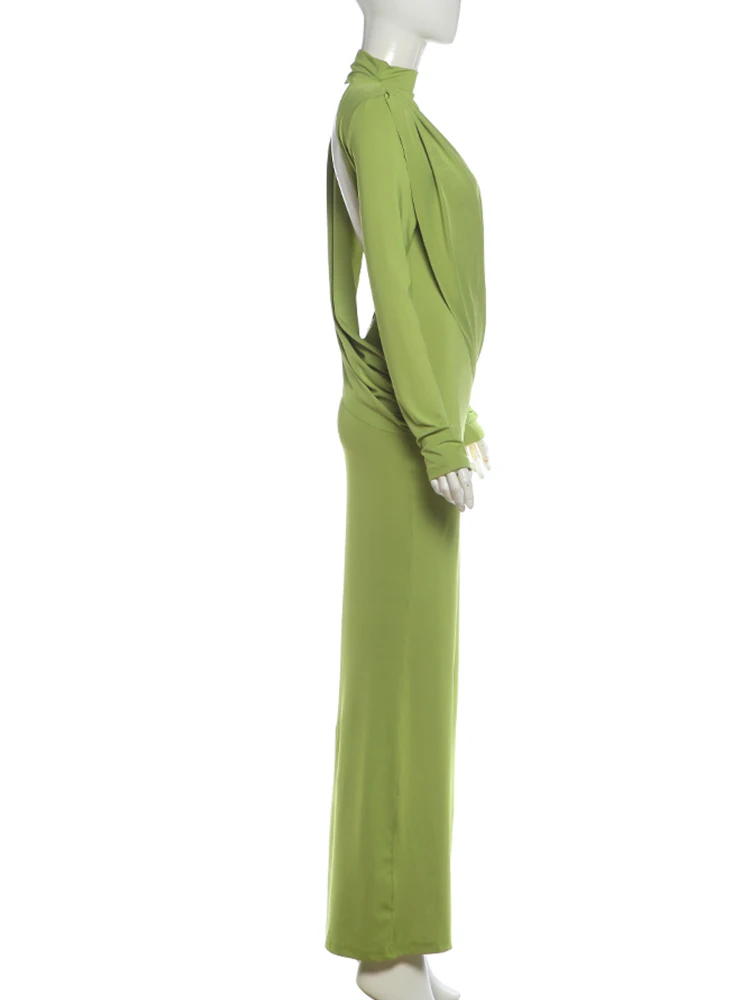 Weird Puss Ruches Elegantes Abendkleid für Damen mit Halbhoher Kragen, Rückenfrei, Langen Ärmeln, Party-Stil, Hoher Taille, Langes Bodycon-Kleid – Detail 4