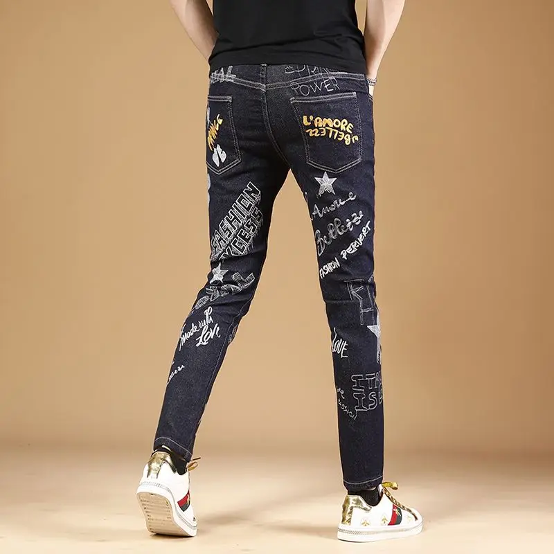 Summer New Embroidered Jeans Men Trendy Brand Korean Version Slim Fit Small Feet Trendy Casual Versatile Stretch Pants