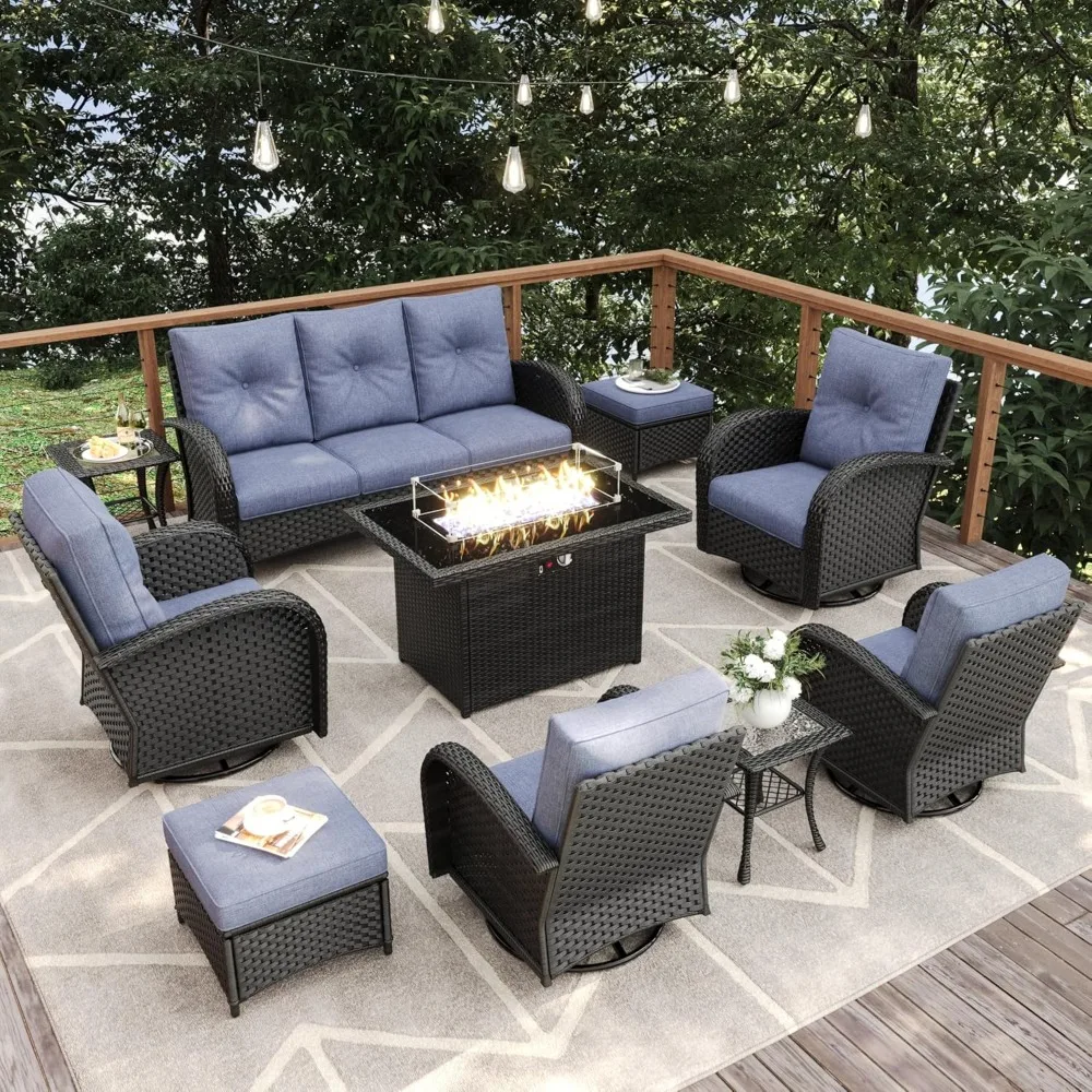 10 Pieces Patio Furniture Sets with Fire Pit Table, Wicker Rattan High Back Outdoor Swivel Rocking Chairs Set with 3-Seat Couch