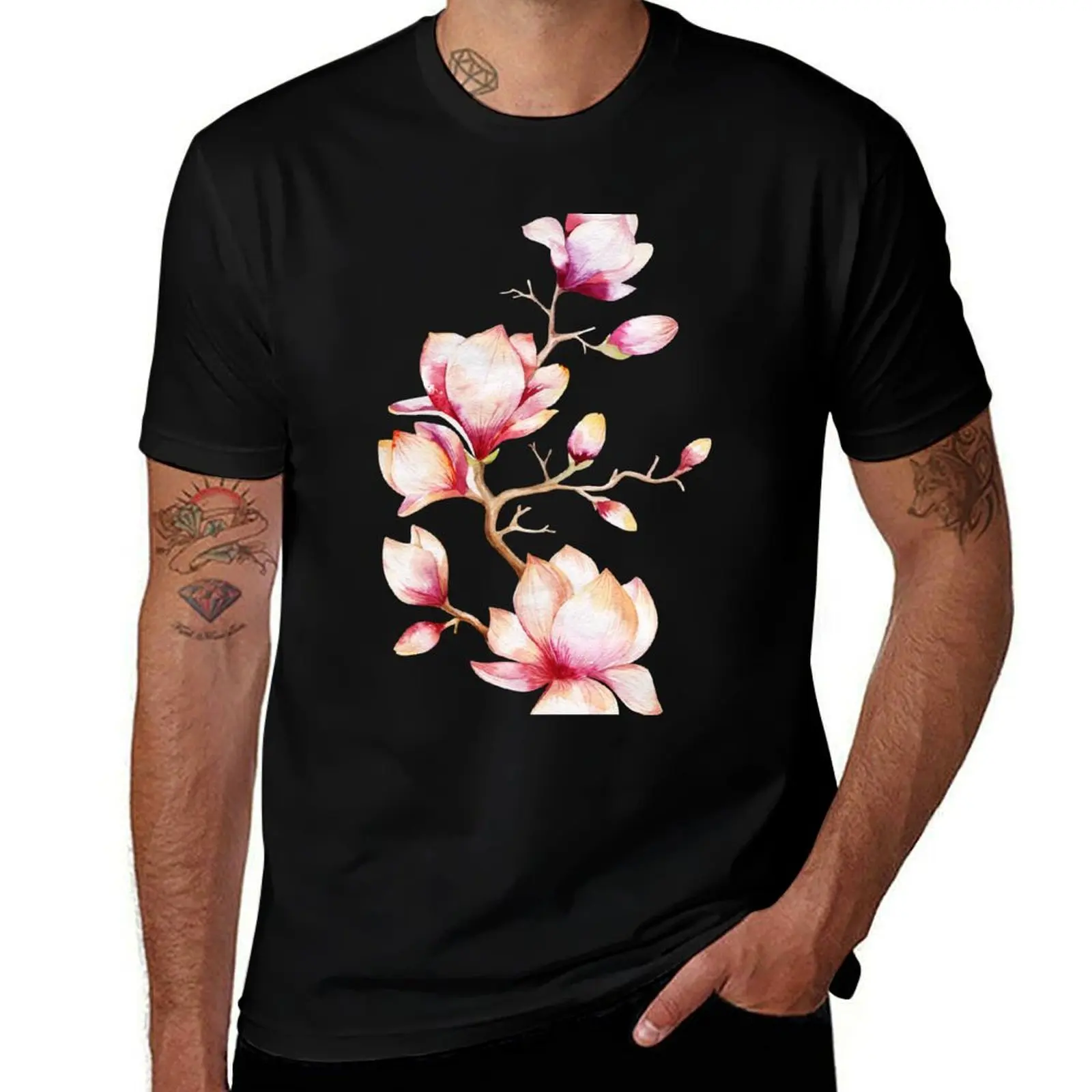 Pink Watercolor Magnolia Illustration T-Shirt Holiday Vacation Tee Shirt T-Shirt