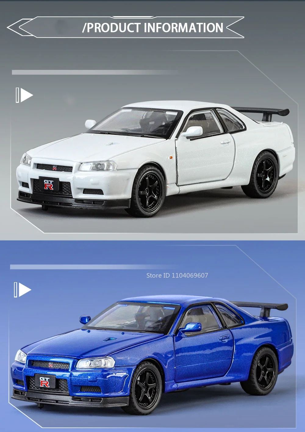 Maßstab 1:32 SKYLINE GTR R34 Sportwagenmodell Spielzeug Metalldruckguss Zurückziehen Supercar-Modelle Sound Licht Ornamente Kinder Erwachsene Geschenke – Detail 4