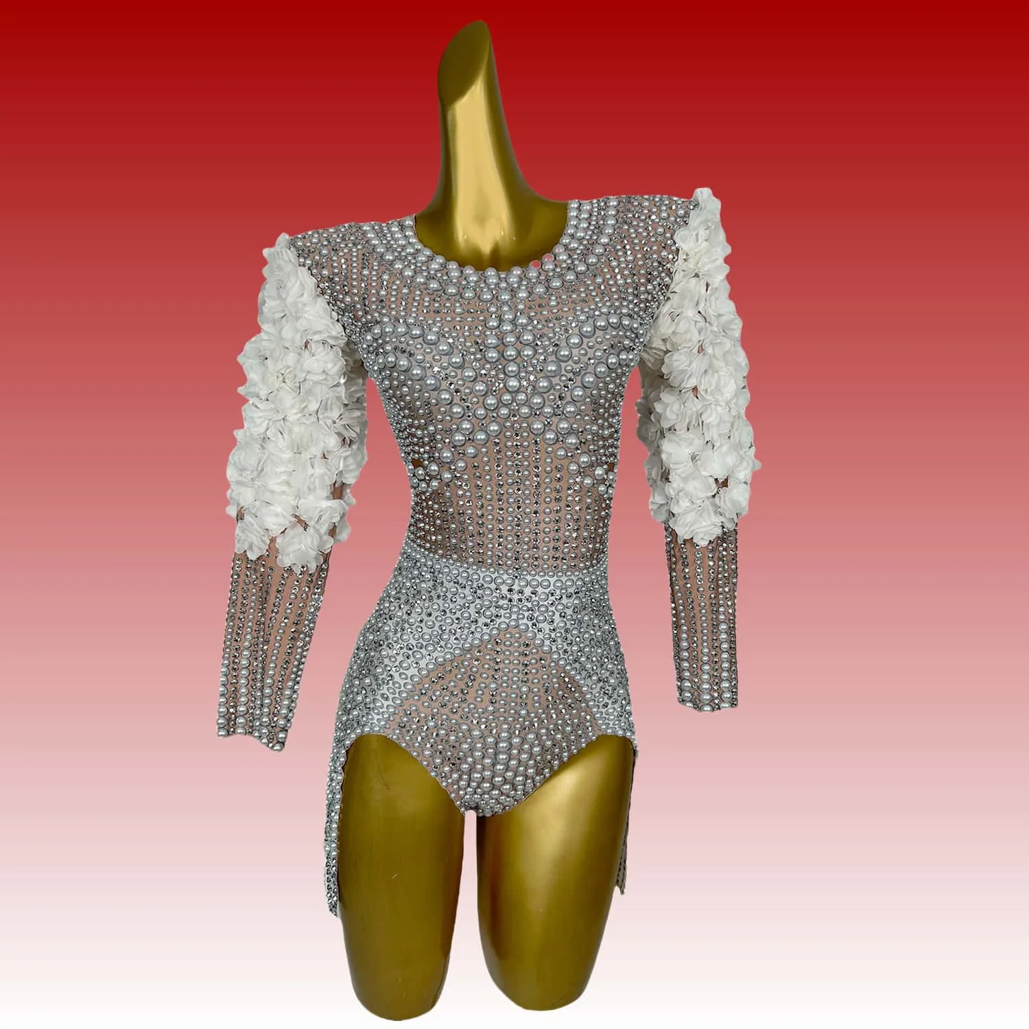 Baihuaxiu Sparkly Luxury Pearls Bodysuit Women Sexy Rhinestone Flowers Stage Singer Outfit Nightclub Performance Dance Costume
