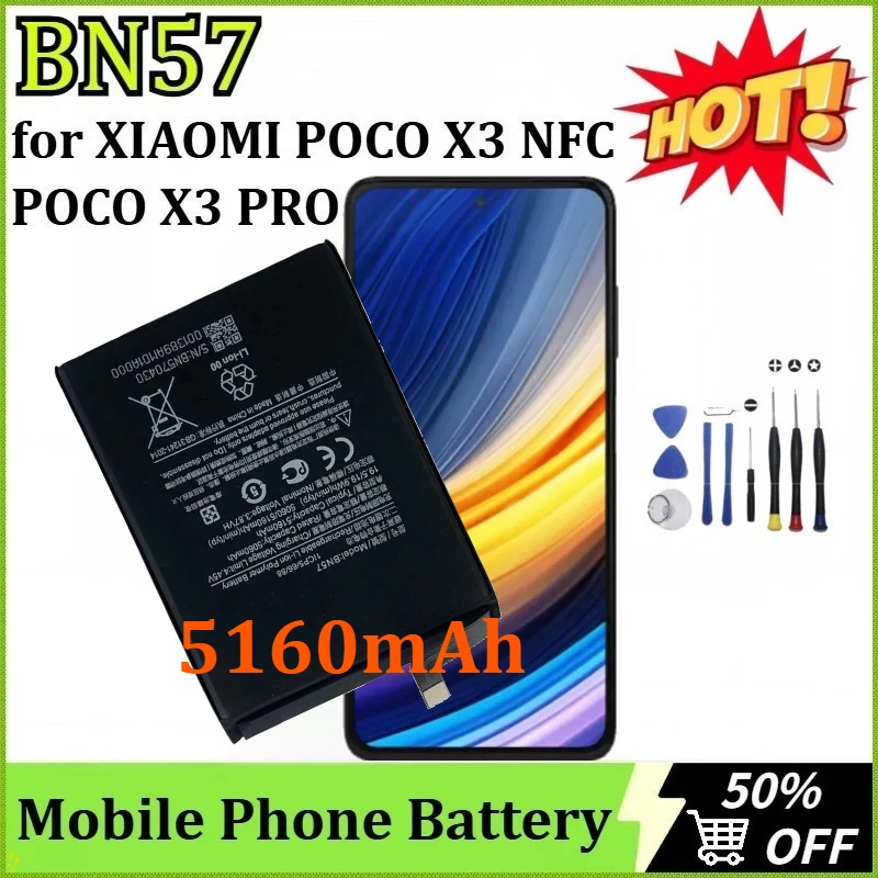 

New BN57 3.87V 5160mAh Battery for XIAOMI POCO X3 NFC / POCO X3 PRO High Quality Replacement Mobile Phone Batteries+Tools