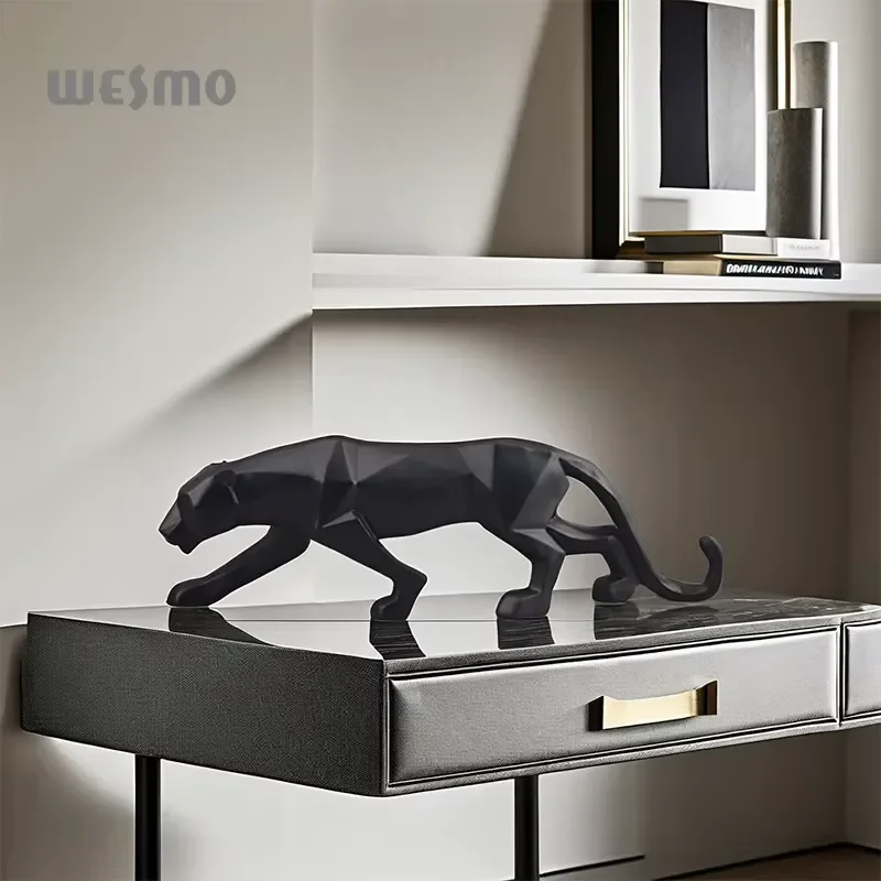 Abstract Sculpture Home Decoration Tabletop Ornaments Geometry Origami Figurine Black Resin Creative Leopard Statue