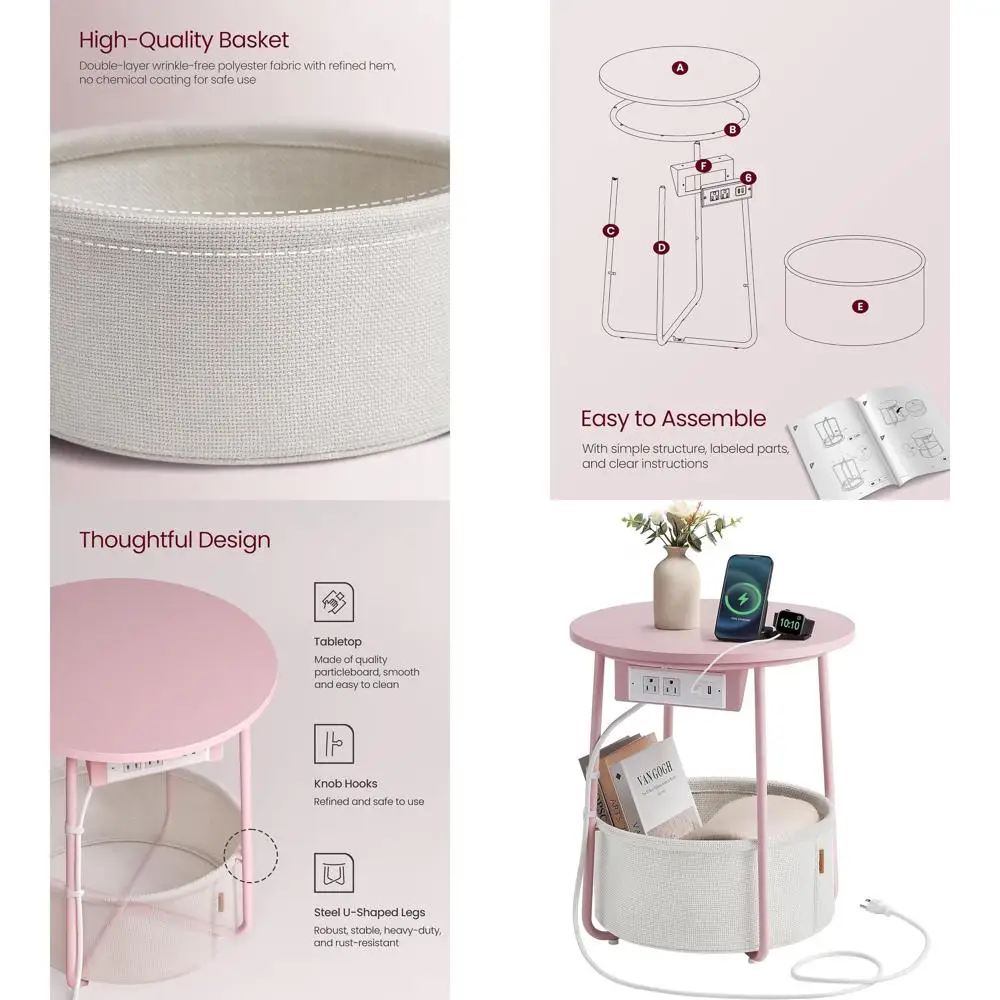 

Round End Table with Fabric Basket, USB Charging Station, Modern Living Room/Bedroom Side Table, Jelly Pink and Cream White