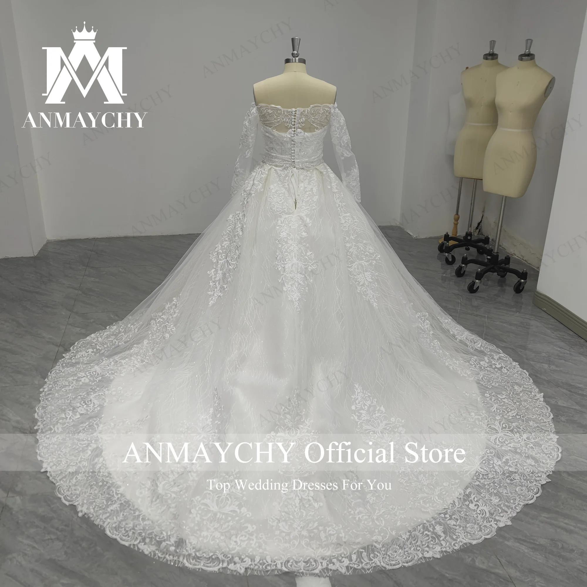 ANMAYCHY a-line فستان الزفاف 2023 مع أكمام طويلة سترة بلا حمالات زين دانتيل ذيل شابيل فستان الزفاف Vestidos De Novia