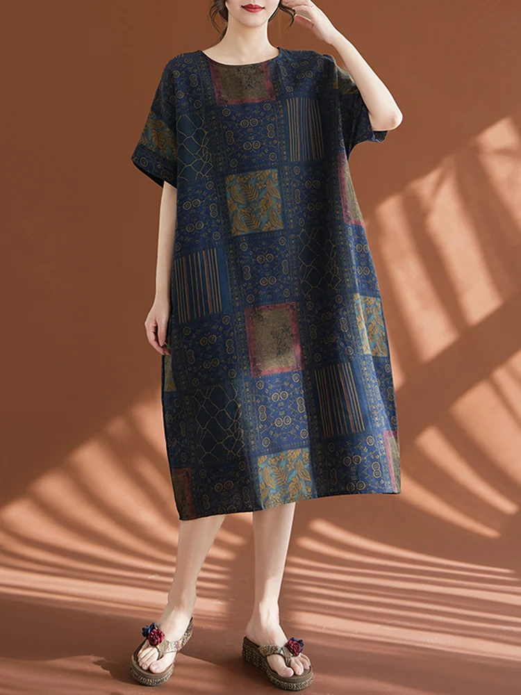 

Loose Cotton Linen Midi Dress plus Size Ethnic Style Women's Summer Casual Dress Breathable Comfortable Short Sleeve Dress