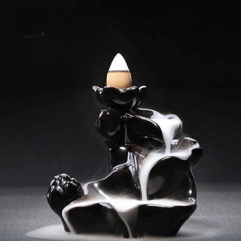 Black Ceramics Backflow Incense Burner Small Buddha Hand Red Lotus Censer Sandalwood Cone Incense Holder Step By Step