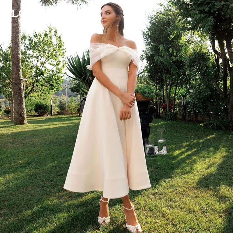 LORIE Short Wedding Dresses A Line Ankle Length Off The Shoulder Bridal Gowns Elegant Satin Wedding Party Gowns 2024 Customized