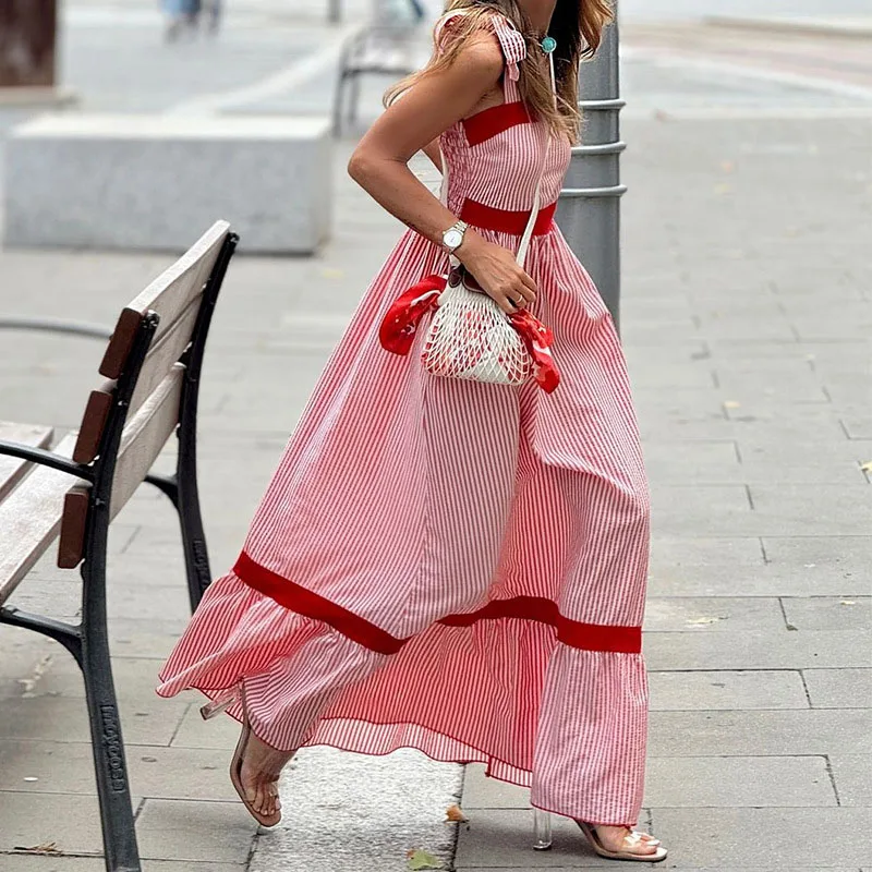 Robe longue plissée taille haute pour femme, bretelles avec nœud papillon, robe de vacances bloquée, rayée, mode décontractée, balançoire, 2024