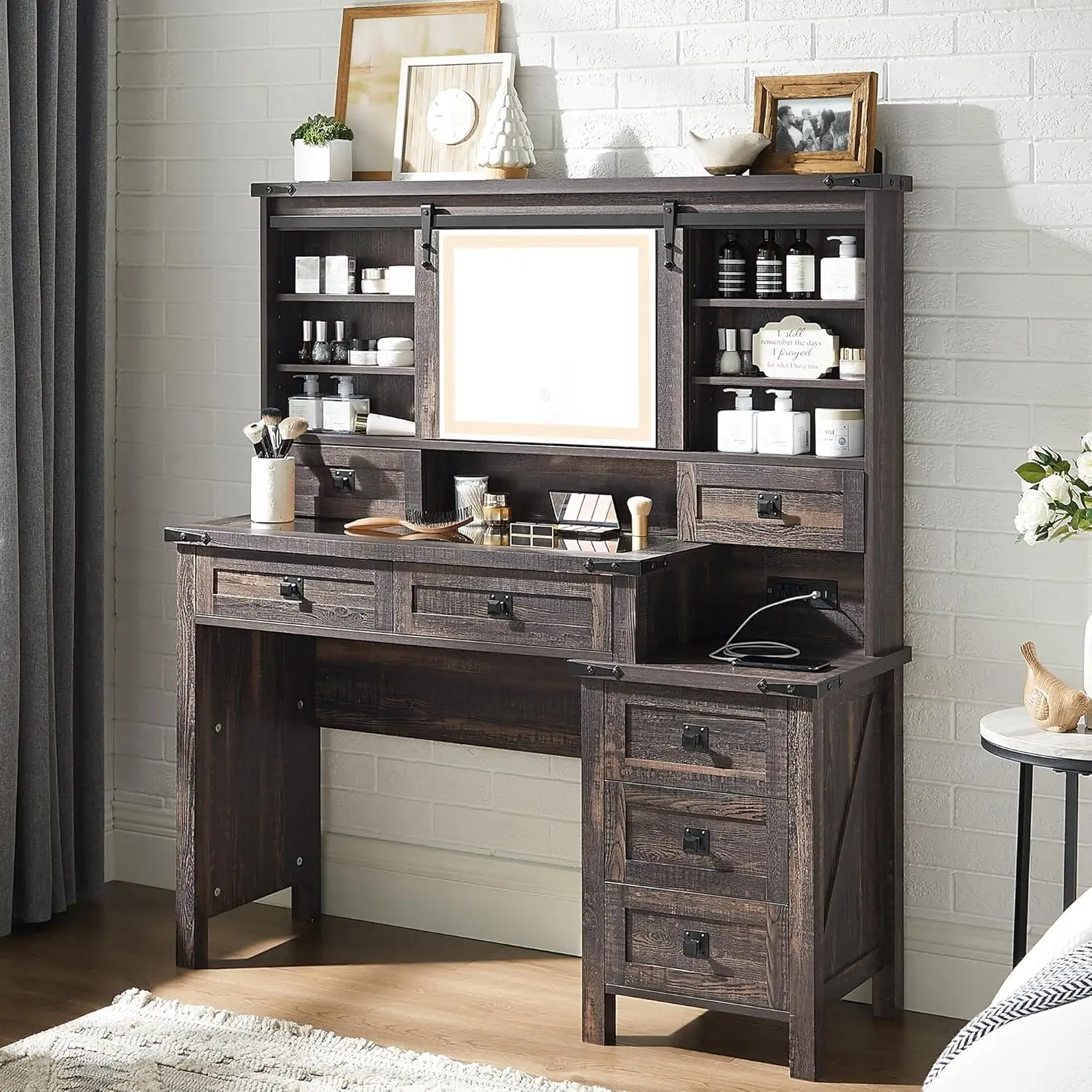 48'' Farmhouse Makeup Vanity Desk with Sliding HD Mirror and Lights, Big Modern Lighted Vanity Table with 7 Drawers & Shelves