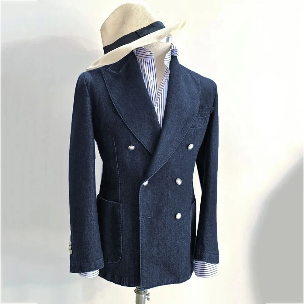 

Light Blue Denim Men's Suit Jacket Stylish Peak Lapel Double Breasted Elegant Fashion Blazer Casual Party Daily One Piece