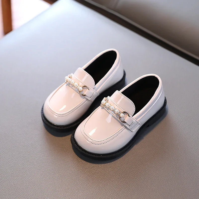 Girls Leather Shoe for School Party Wedding Kid Black Loafers Slip-on Child Flats Fashion British Pearls Beading New Girls Shoes