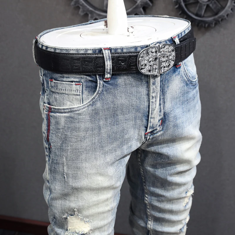 Street Fashion Men Jeans Retro Light Blue Plain Washed Elastic Slim Fit Ripped Jeans Men Patched Designer Vintage Pants Hombre