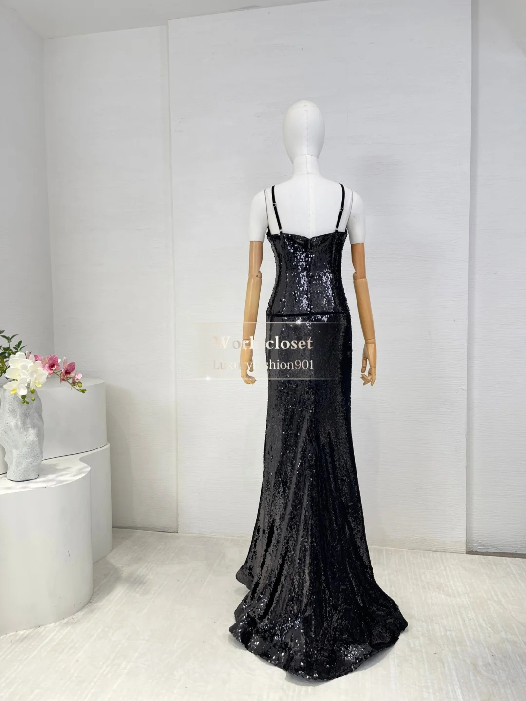 Robes longues tube dos nu sans manches pressées à paillettes noires pour femmes pour la fête