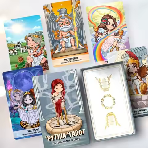 12*7cm Pythia Tarot | Unique Indie Tarot Deck for Beginners | The Greek Gods | Myth Zeus Athena Hecate | Cute Fairytale Cartoon