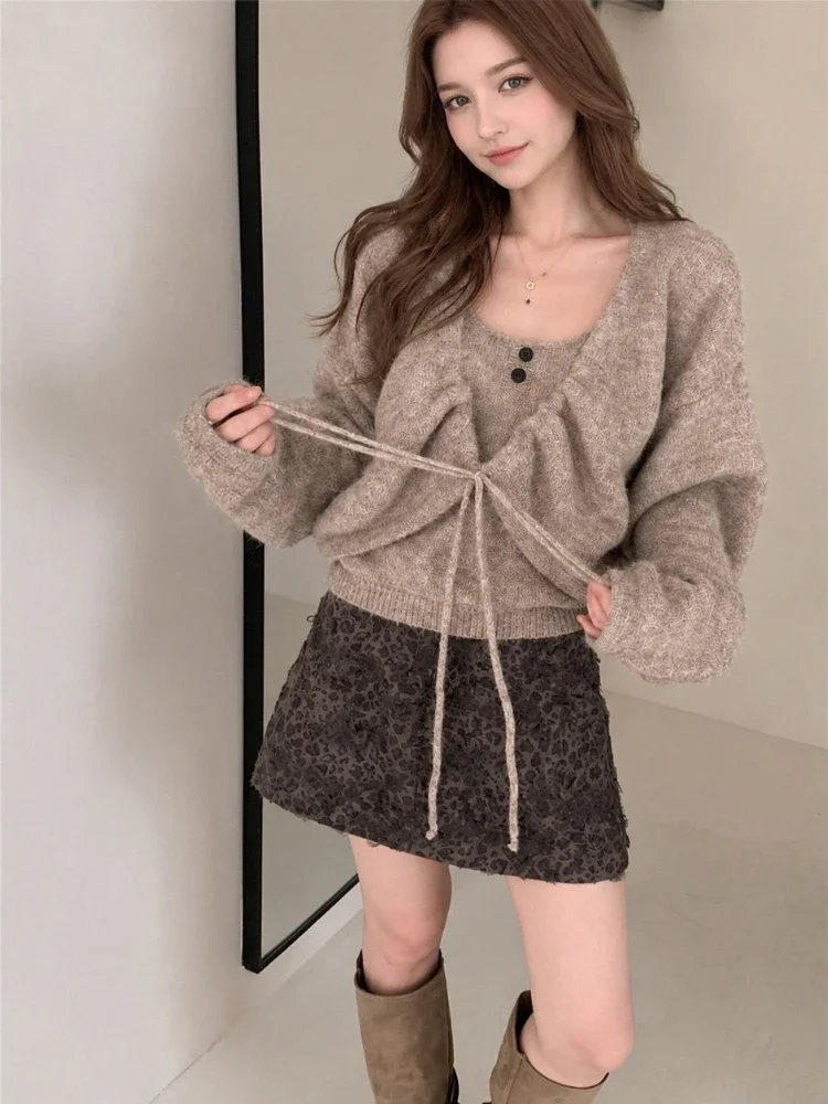 Autumn Winter Elegant V Neck Drawstring Waist Two Piece Knitted Cardigan Sweater with Cami Top Outerwear Classic Trendy Cardigan