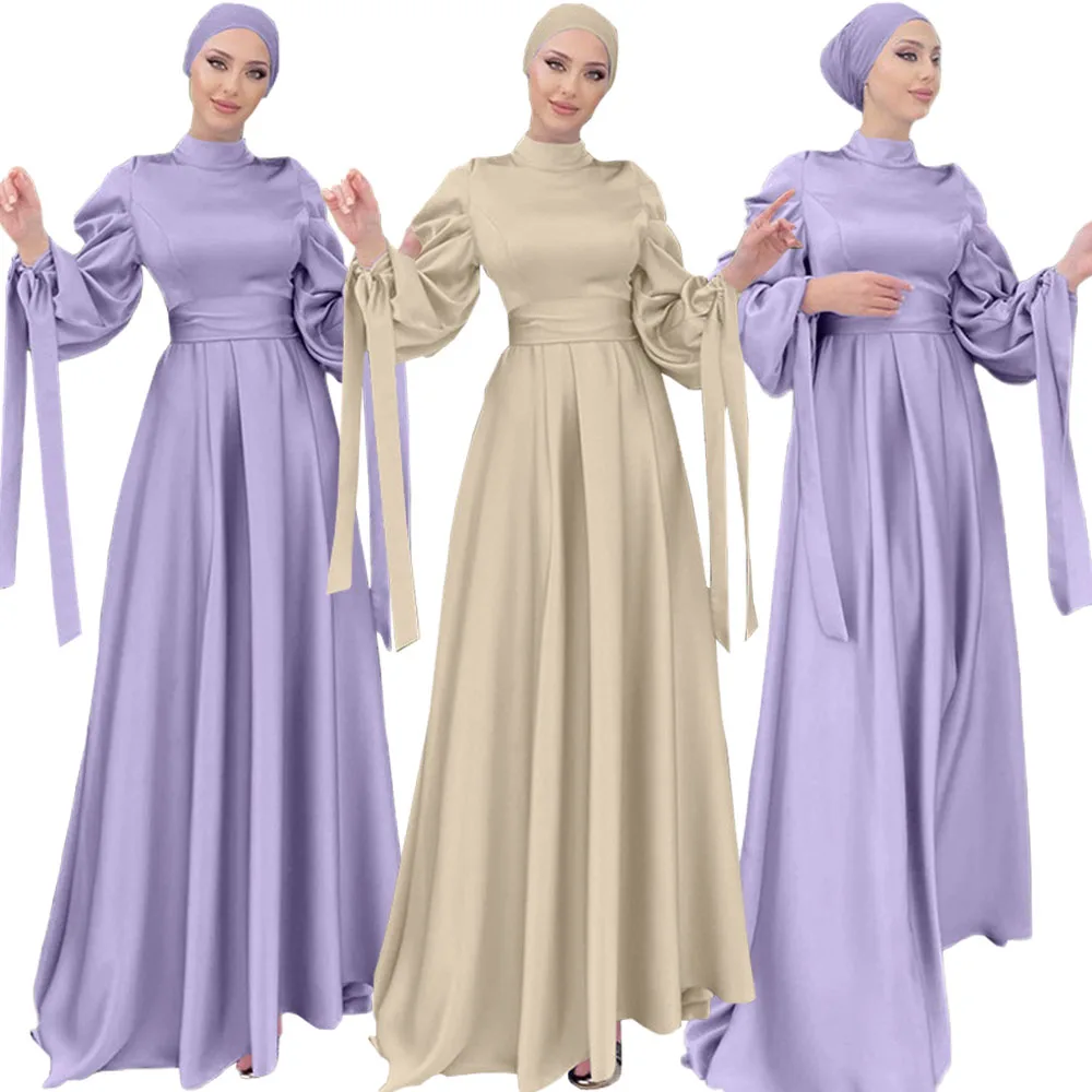 

Luxury Satin Muslim Women Long Dress Islam Malaysia Middle East Arabic Abaya Ramadan Dubai Kaftan Tunic Dress Turtleneck Turkey