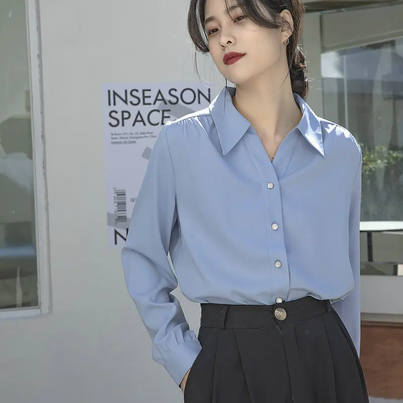 

2025Spring and Autumn New Solid Color Chiffon White Shirt Women's Long-Sleeved Korean Style Loose Workwear Shirt Top