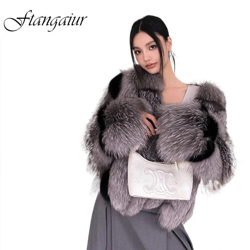 

Ftangaiur Winter Finland Imported Fox Fur Coat Mandarin Collar Full Sleeve Women Medium Fox Coat Natural Fur Slim Fox Fur Coats