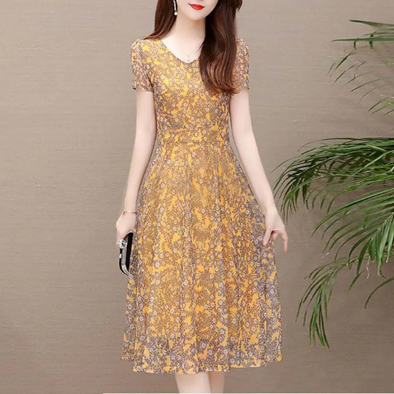 Elegant V-Neck Casual Dresses Summer Vintage Broken Flower Printed Female Clothing Korean Gauze A-Line Patchwork Midi Dress 2023