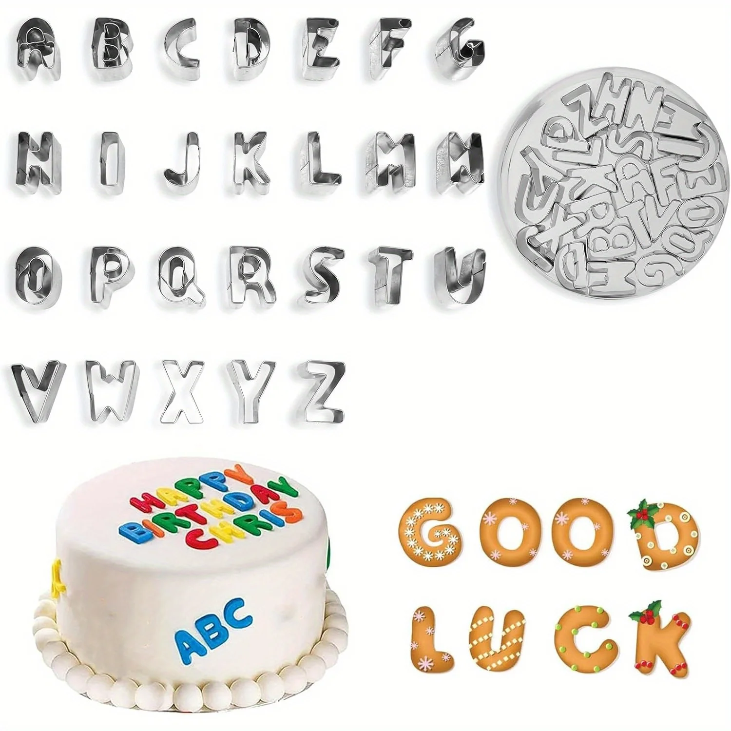 26pcs, Letter Cookie Cutters Shapes Stainless Steel Cookie Cutter Set Fondant Biscuit Fruit Dough Mold Tools for Birthday