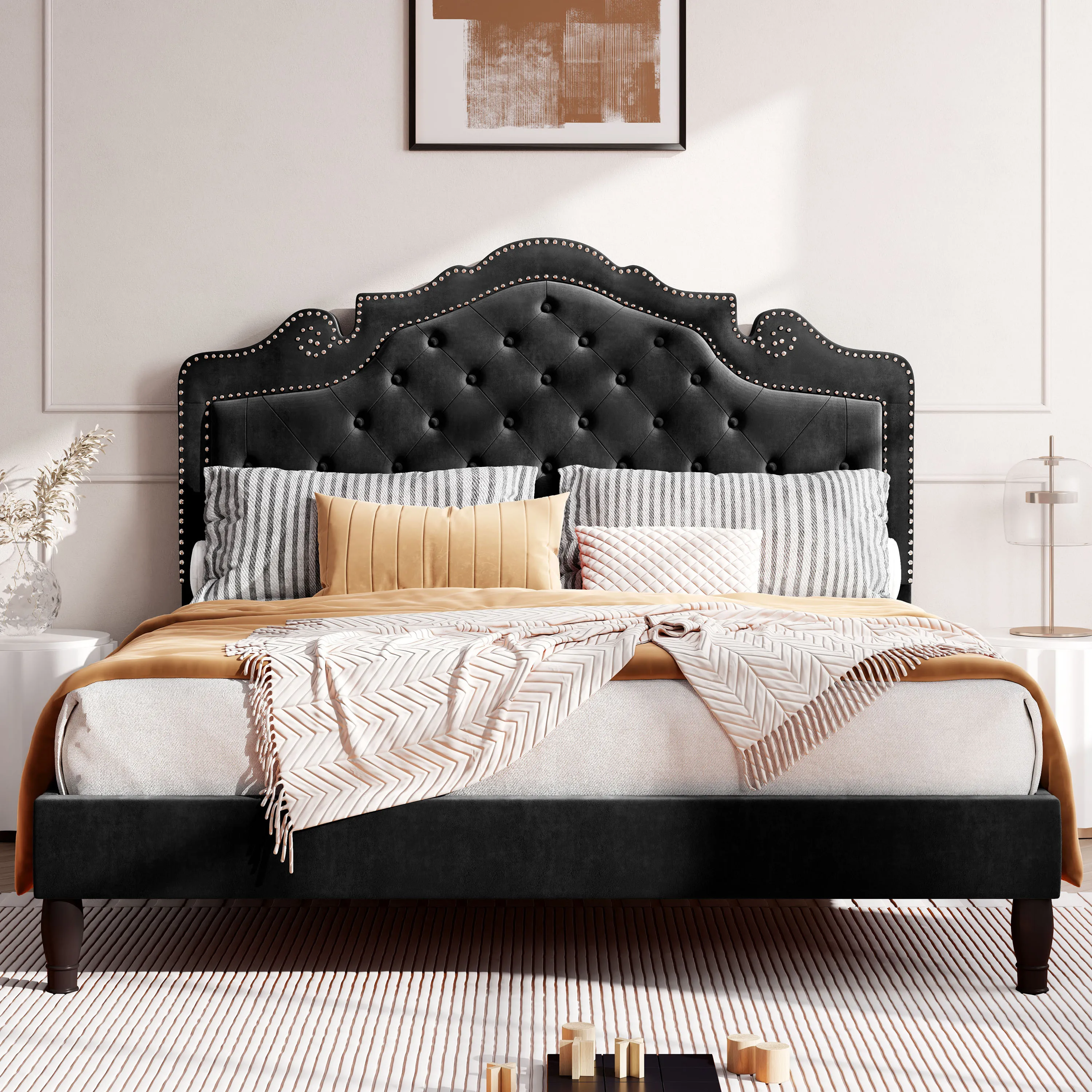 HOOMIC Bed Frame with Adjustable Velvet Tiara Headboard, Upholstered Diamond Button Tufted Platform Bed, Wood Slats Support,