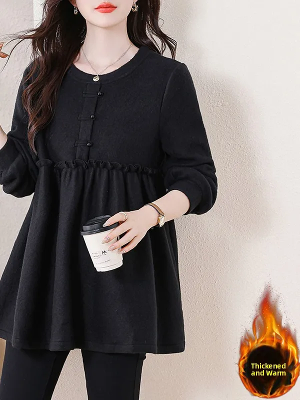 

plus Size 200 Pou Wool Blend Base irt Winter New Sle Belly Cover Slimming Top Faionable Thiened Long Sve round ...