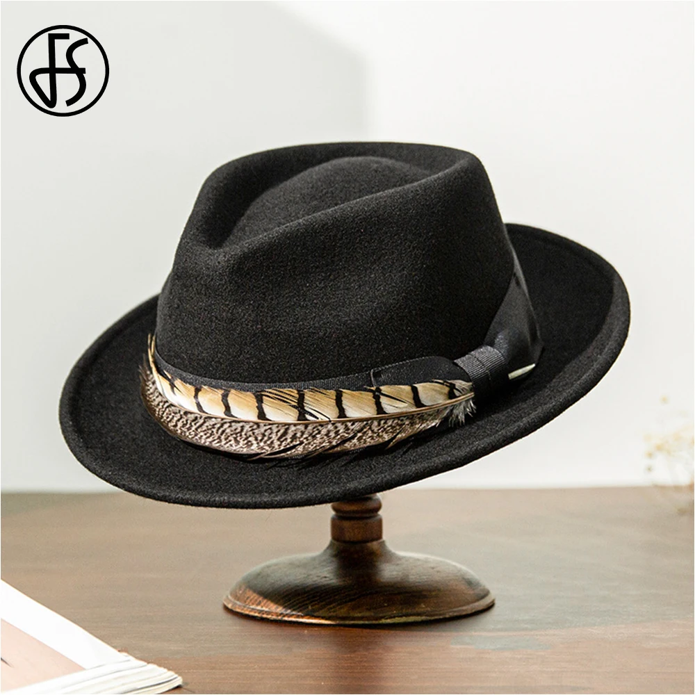 FS Vintage Wool Felt Fedoras Black Cowboy Hats For Men Feather Beige Jazz Panama Hat Coffee Gentleman Gangster Cap Winter