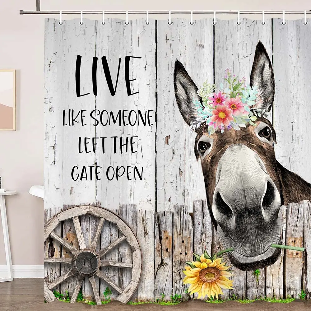 Donkey ผ้าม่าน Rustic Floral Farmhouse ผ้าม่านห้องน้ําสีดําและสีขาวน่ารักสัตว์โมเดิร์นกันน้ําชุดตะขอ