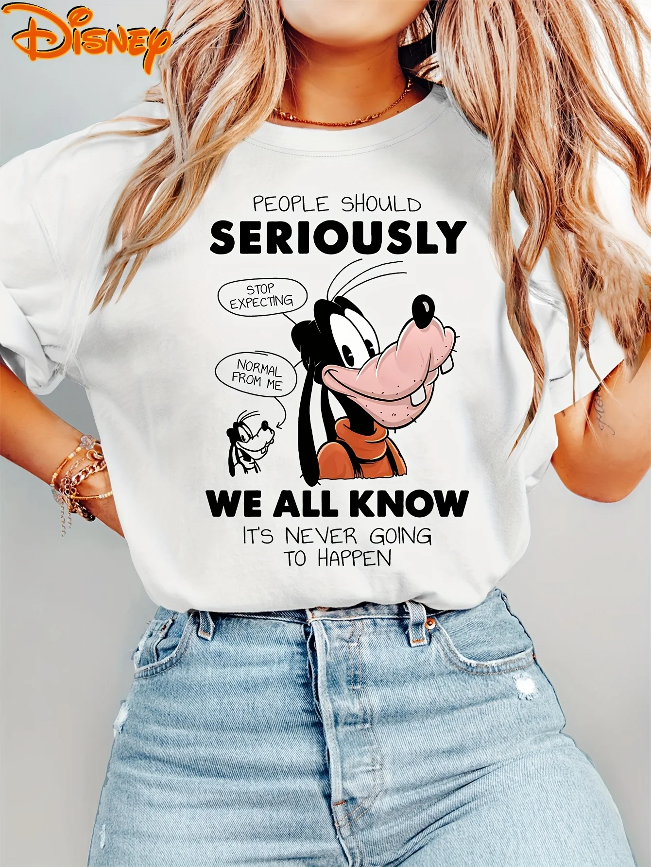 

2025 Disney Pattern Printed Women's Casual Comfortable Unique Smiling Face Black Round Neck Short Sleeve T-shirt