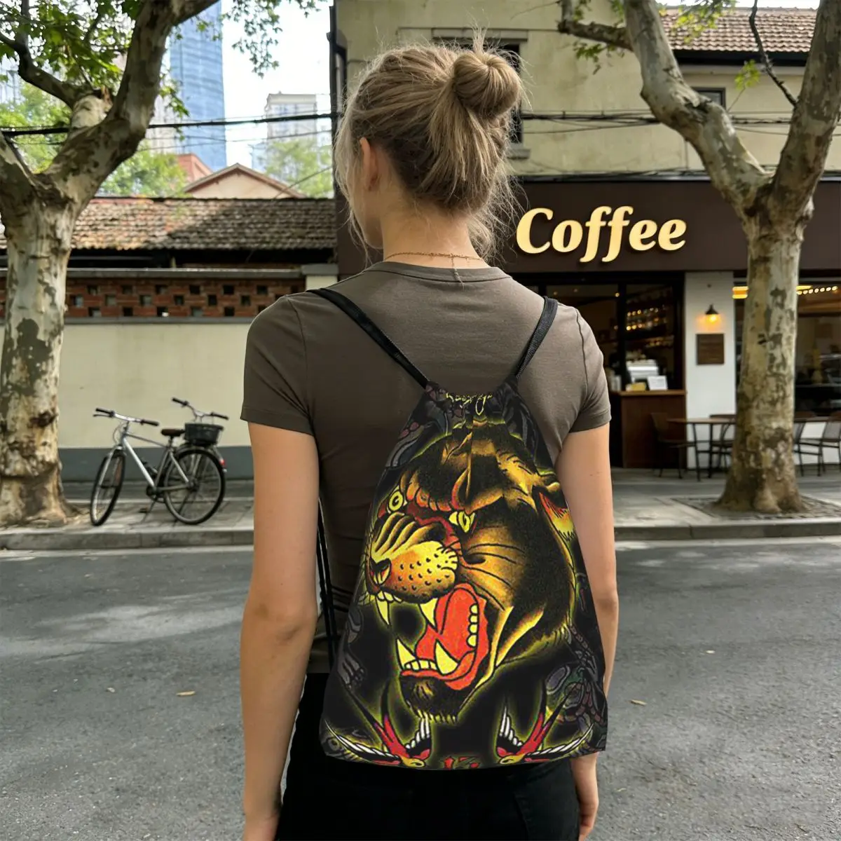 Ed-hardy Tattoo Tiger Skull Backpacks Fashion Drawstring Bundle Pocket Sports Bag Book Bags for Man Woman Students