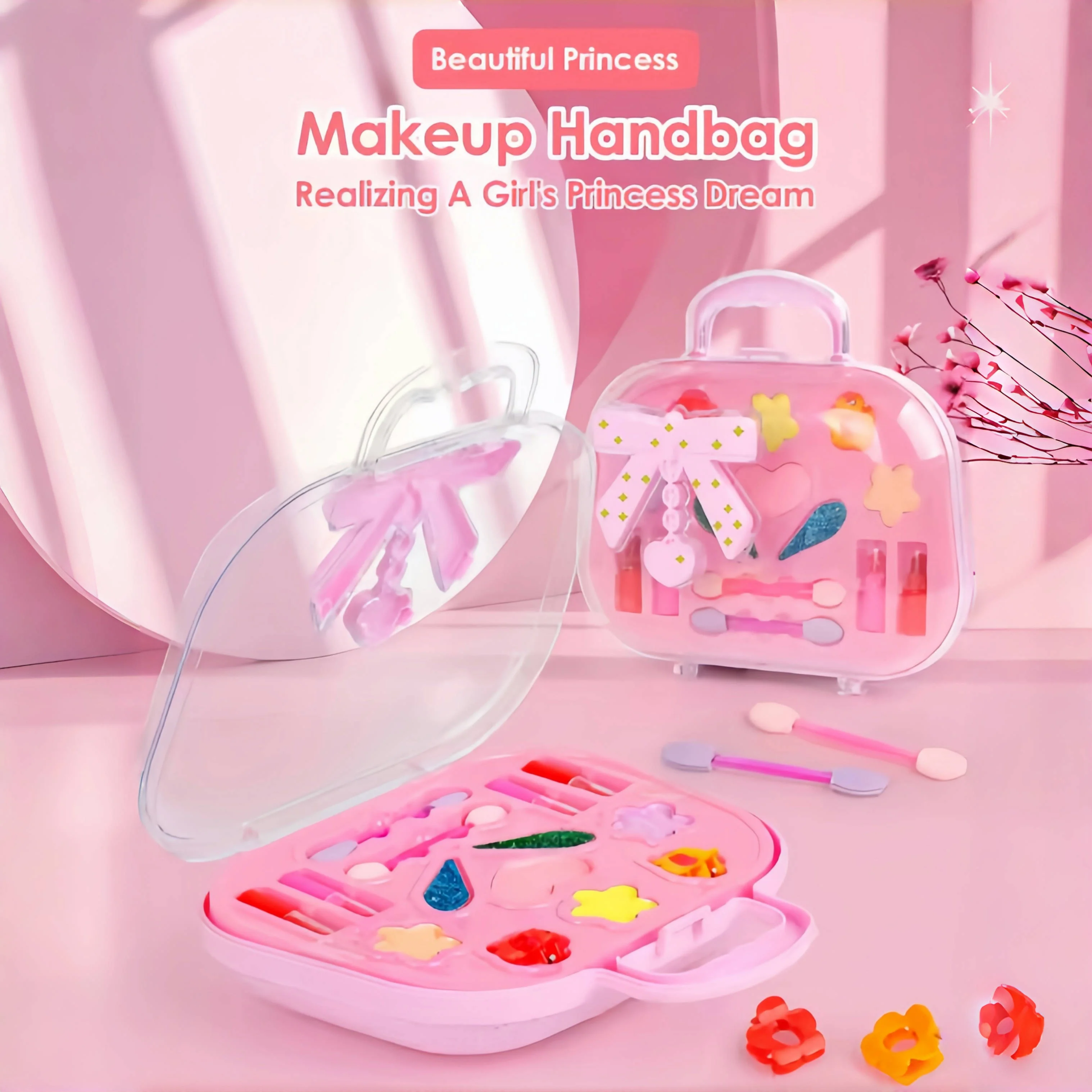 فتاة الأميرة بلاي هاوس لعبة ماكياج التجميل قابل للغسل عينيه مجموعة حقيبة مستحضرات تجميل غير سامة وآمنة هدية عيد ميلاد الفتاة لعبة هدية الهالوين