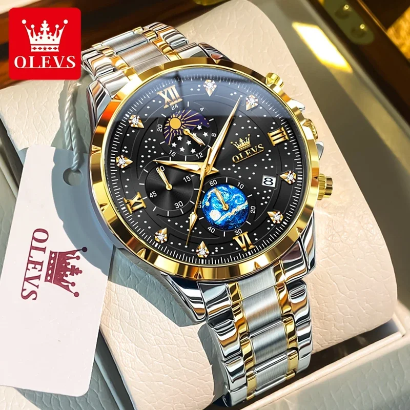 

OLEVS 9807 Men's Watches Luxury Fashion Starry Dial Chronograph Moon Phase Waterproof Quartz Wristwatch Men New