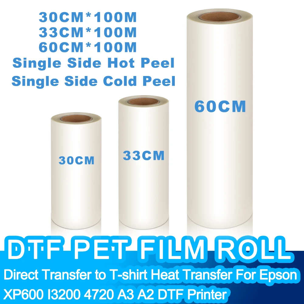 

30cm 33cm 60cm*100m DTF PET Film Roll Direct Transfer to T-shirt Heat Transfer DTF Printer A3 A2 Hot/Cold Peeling PET Film Roll