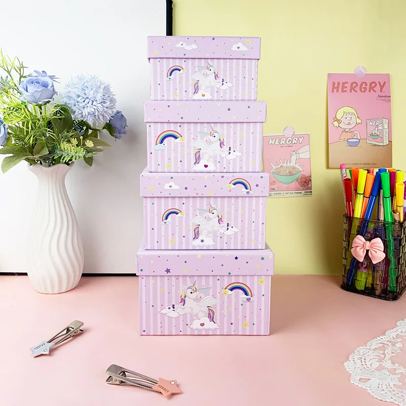 

4-Piece Purple Striped Unicorn Square Set Gift Box, Cardboard Nested Gift Boxes, Wedding, Christmas, Birthday Party Gift Box