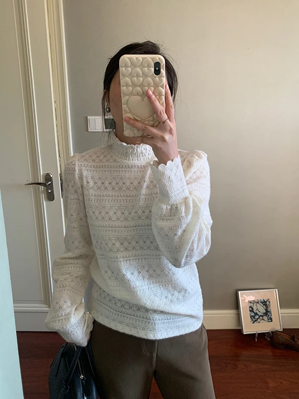 

Ретро-свитер с полувысоким воротником и кружевной отделкой, длинный, бархатный, осенне-зимний, новинка, женский вязаный свитер, повседневный стиль