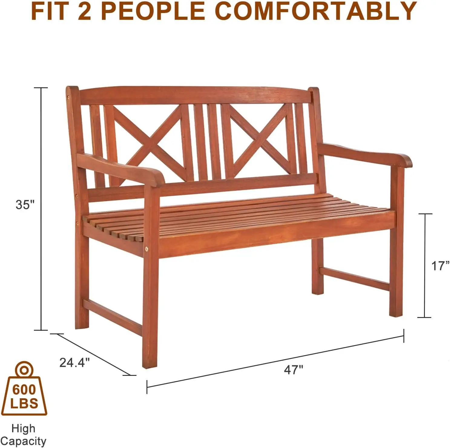 Banco de jardín de madera para exteriores, silla rústica para 2 personas con reposabrazos para porche, parque, Patio trasero y balcón