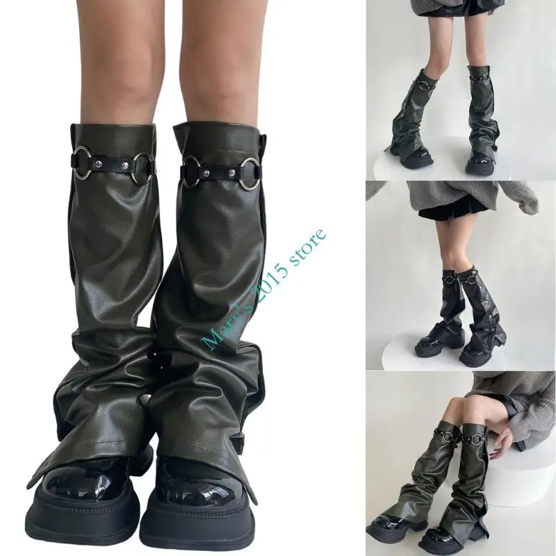

E15F Women Punk Side Buttons Long Leg Socks Buckle Leather Leg Warmers Harajuku Baggy Grunge Gaiters Boot Covers Streetwear