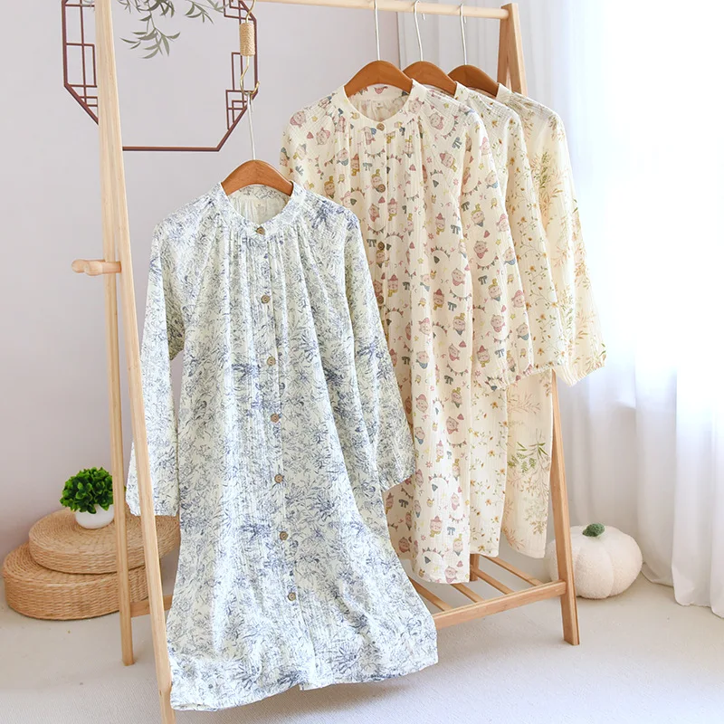 Spring /summer Long Sleeved Round Necked Night Dress Women Loose Cotton Pajamas Open Front Home Clothing Leisure Nightgown