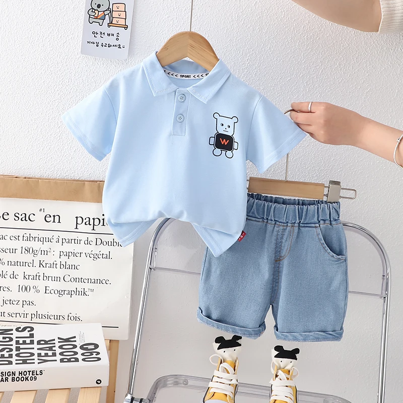 0-5 Year Old Baby Boy Summer Simple Clothes Set Children\'s Fashion Cartoon Robot Polo Shirt + Denim Shorts 2-Piece Suits