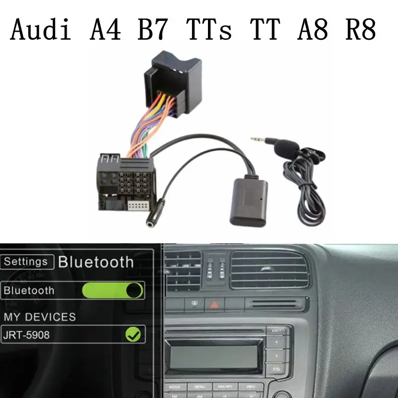 for Audi A4 B7( 2005-2008) TTs TT A8 R8 A3 with Quadlock Radio Harness Plug Microphone Handsfree Bluetooth 5.0 AUX Adapter