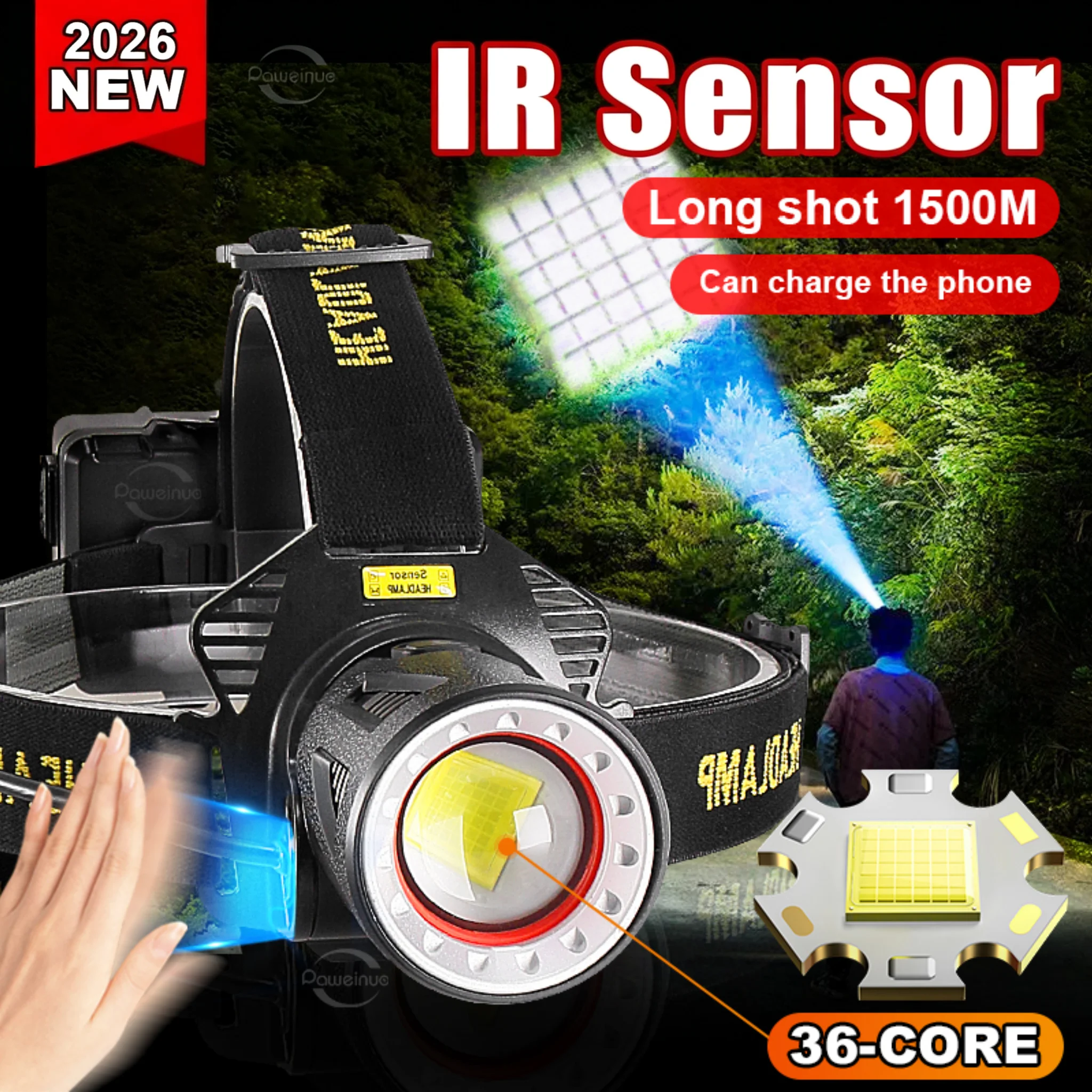 XHP360 High Power Headlamp Hand Wave Sensor Telescopic Zoom COB Warning Light Rechargeable 18650 Head Torch For Fishing Camping