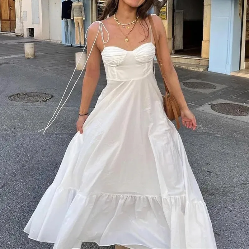 Women\'s White Party Dress Ruffle Spaghetti Strap Sleeveless Elastic High Waist Maxi Dresses Summer Sexy Evening Female Vestidos