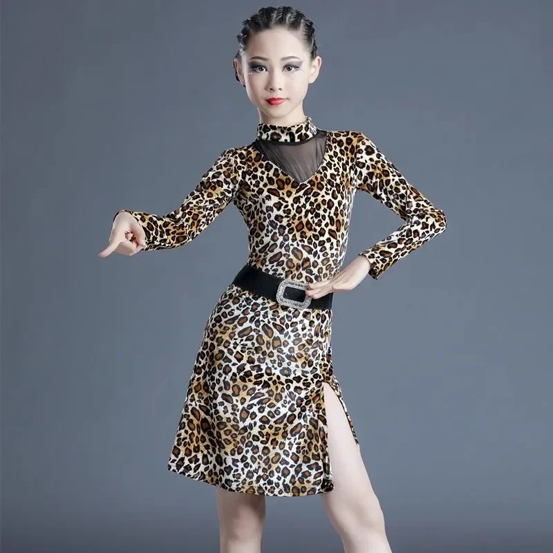 ชุดเต้นลาตินสำหรับเด็กผู้หญิง แขนยาว ลายเสือดาว ชุดเต้นชาช่า รุมบ้า แทงโก้ แซมบ้า ชุดแสดงบนเวทีสำหรับเด็ก