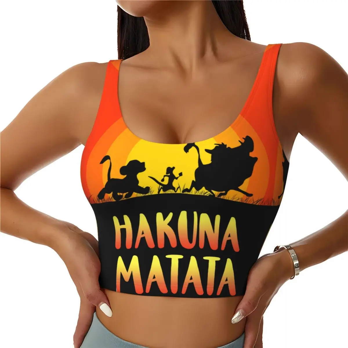 

Custom King Lion Painting At Sunset Workout Crop Tank Tops Women Cartoon Movie Hakuna Matata Yoga Sports Bras