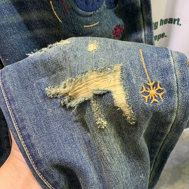 High Street Trendy Brand Retro Piercing Trendy Embroidered Jeans Men's Four Seasons Loose Large Straight Leg Pants